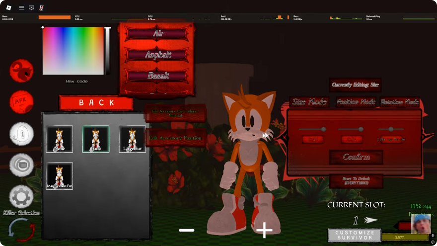 Abyssal Escape accessory editor with Size, Position and Rotation modes, sliders and Confirm