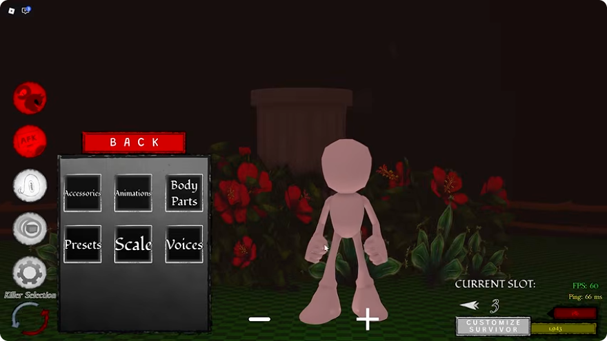 Abyssal Escape Survivor editor showing six menu categories and Current Slot 3